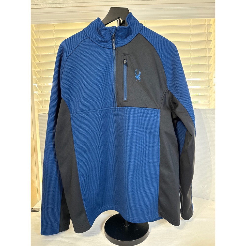 Spyder Mens XL Blue Black Waffle Knit Quarter Zip Pullover Fleece Jacket 1619902